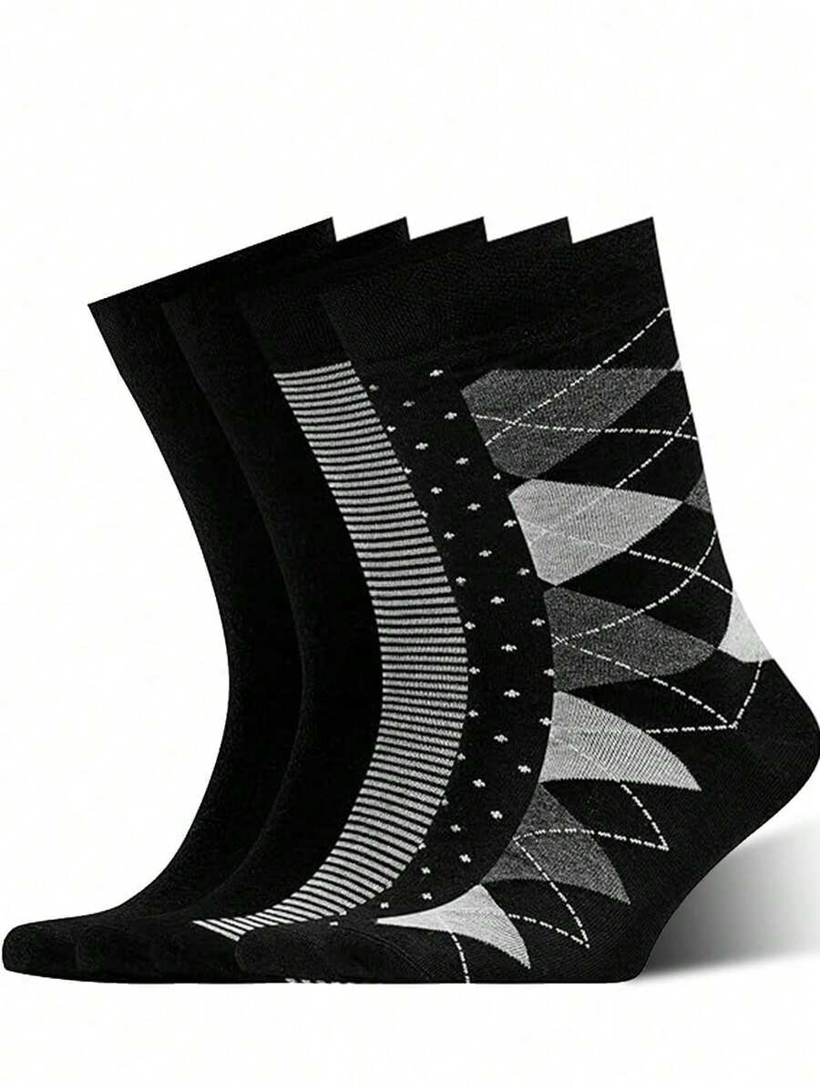 5 Pairs Men's High Crew Socks, Solid Colors, Business/Sport Socks, European/American Size, Tall Socks, Black, Fall Socks