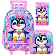 3pcs Set Penguin Pattern Rolling Backpack, Girls, Wheeled Children School Bag, UV Printed Rolling Backpack Set With Lunch Box - Trolley Backpack - View 2