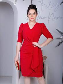 Women's Midi Wrap Dress In Tailored Knit With Princess Sleeves And Wrapped Band V-Neck Modern Elegance In Various Colors - 紅色 - View 3