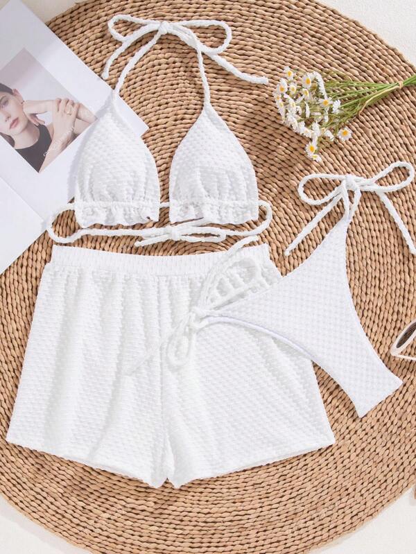 Solid Color Ruched Backless Tie Up Swimsuit, Cute Backless Solid Color Ruched Beach Tied Swimwear, All Season