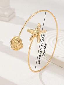 1pc Shell & Starfish Decor Arm Cuff Bracelet For Women, Summer Holiday - 黃金3 - 查看 2