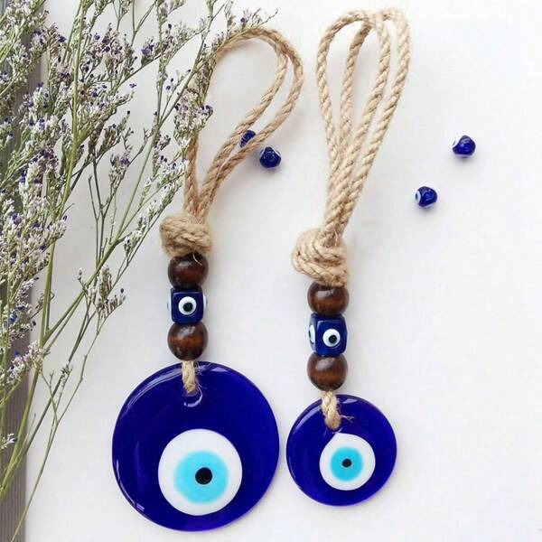 Handmade Blue Eyes Amulet - Turkish Evil Eye Pendant | Blue Glass Wall Hanging | Protective Talisman For Home, Bags And Car Decor | Unique Gift With Brown Wooden Beads