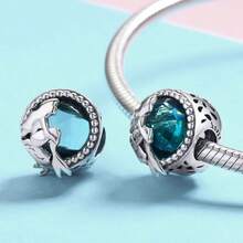 WOSTU 1 Stück 925 Sterling Silber Charm Muschel Meerjungfrau Fischschwanz mit blauem CZ Stein für Halskette & Armband DIY Sommer Schmuckgeschenk