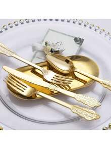 75-Piece Golden Dragon Pattern Party Decorative Cutlery Set (Repeatable For Cleaning), Including 25-Piece Cutlery Knife, 25-Piece Fork, 25 Tablespoons, High-Quality Wedding Cutlery Including Large Events, Parties, Birthdays, Dinners, New Year And New Year And New Year's Wedding And New Year