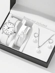 JasonRolls Conjunto de 5 piezas para mujer que incluye reloj de cuarzo con escala de números árabes, brazalete, collar y aretes. Un conjunto fashionable y sencillo, adecuado para uso diario, decoración o como regalo para ocasiones festivas.