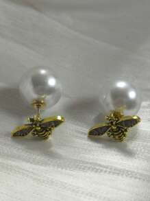 Aretes de perla con diseño retro francés de abeja e insecto: Joyería vintage elegante para mujeres con estilo