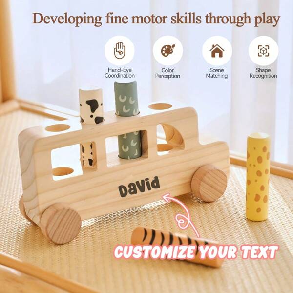 1 PIEZA Coche de juguete con tema animal de madera personalizado con nombre, grabado por láser, con cuatro varillas para rebotar, para desarrollar la coordinación mano-ojo de los niños, juguetes para niñas, juguetes para niños, artículos para bebés, accesorios para niños, regalo de cumpleaños, regalo de Pascua y Navidad, rompecabezas