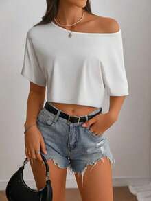 AuroraSilk 女士露肩短款上衣，涤纶混纺露肩短款T恤 - 休闲风格，可机洗，纯色，适合所有季节