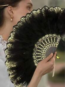 1pc Women Retro Feather Lace Folding Fan, Classical Dance Cheongsam Prop, Stage Performance Hand Held Fan For Costume Party