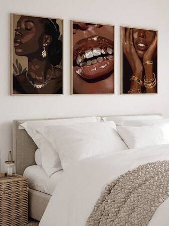 3pcs Elegant African Women Canvas Art Printing Modern Golden Dotted Poster Aesthetic Fashion Painting Art Female Portrait Wall Art Decor For Living Room, Dorm, Frameless