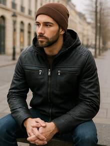 Men's Winter Urban Style Jacket, Jacket With Removable Hood, Faux Leather Jacket, Men's Lined Jacket, Casual Jacket, Zipper Front, Jacket With Pockets, Windproof Jacket, Men's Clothing For Cold Weather, Elegant Men's Jacket, Jacket With Modern Finish, Versatile Jacket For Everyday Life, Men's Mid-Season Jacket, Winter Travel Jacket, Jacket With High Collar, Casual Men's Jacket With A Soft Touch, Comfortable Jacket For Outings, Practical Jacket With Zipper Closure, Motorcycle Jacket, Jacket With A Fitted Fit, Modern Jacket For Urban Looks, Warm Jacket With Functional Pockets, Men's Jacket For Everyday Use, Jacket With Hood And Zipper, Jacket With Contemporary Design, Jacket For Combinations With Jeans Or Black Pants, Jacket For Cold Days, Modern Men's Jacket, Jacket With Classic Style, Resistant And Durable Jacket - 黑色 - 查看 2