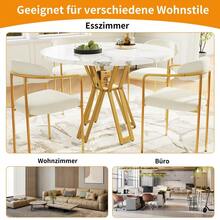 Runder Esstisch, Leichter Luxus-Tisch, Marmoroptik MDF-Platte, Goldene Metallbeine, Für Essbereich Und Wohnzimmer, 100 x 100 x 76 cm, Gold/Marmor