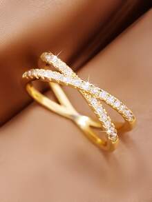 1 pieza Anillo de aleación de cobre con circonita cruzada único, adecuado para anillo de aniversario, anillo de pareja, regalo de cumpleaños, unisex - Amarillo Oro - Ver 14