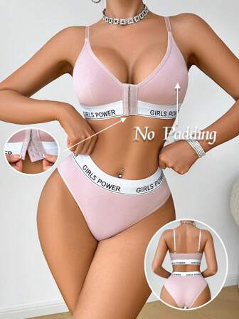 Conjuntos de sujetador inalámbrico con cierre delantero y gráfico de letras para mujeres