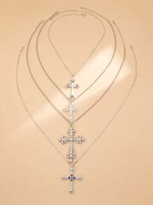 4pcs Set Summer Women's Fashion Exaggerated Multi-Layer Pearl Necklace, Personalized Hiphop Cross Pendant Necklace, Suitable For Daily Wear, Party, Holiday Gift