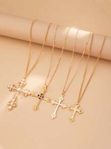 4pcs Set Summer Women's Fashion Exaggerated Multi-Layer Pearl Necklace, Personalized Hiphop Cross Pendant Necklace, Suitable For Daily Wear, Party, Holiday Gift
