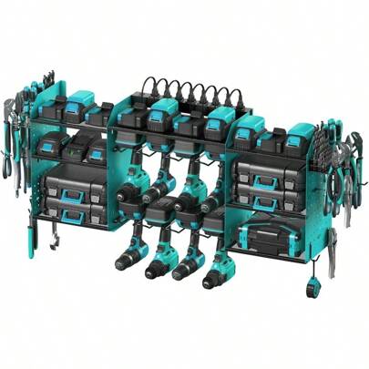 Blue Large Tools Anizer  Mount Charging Station 39 Inch Long Power Tool Battery Storage Rack With 10FT Power Strip. 8 Drill Holder Garage Utility Shee