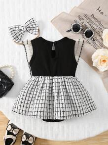 One Piece Baby Girl With A Buttoned Round Neck At The Back, Small Fragrant Floral Lace Decoration, Bow, Gorgeous Triangle, Baby Clothing, Newborn Clothing - 黑色 - 查看 2