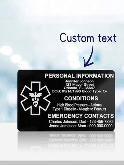 1Pc Custom Medical ID Card For Wallet, Aluminum Engraved Information Card, Emergency Medical Contact Card For Mom/Dad/Friends