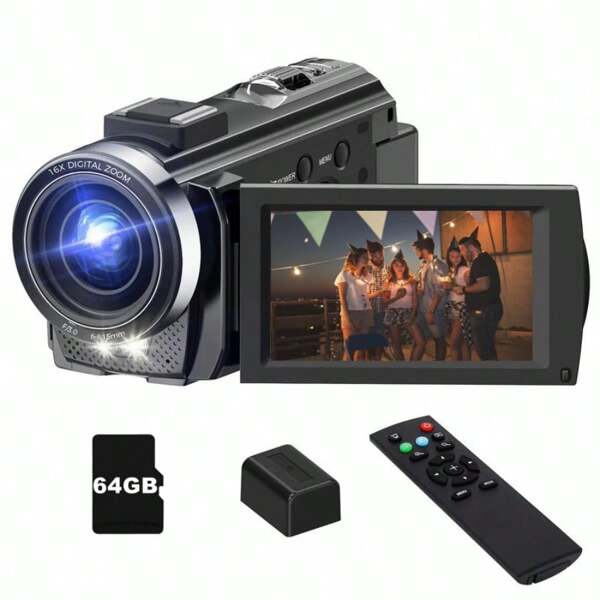 Zostuic Caméra vidéo Caméscope Caméra numérique Enregistreur Full HD 1080P 24MP Écran LCD de 3,0 pouces avec rotation à 270 degrés Zoom numérique 16X Caméra caméscope avec carte TF 64 Go
