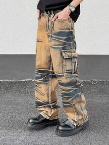 男士时尚渐变色宽松牛仔裤，棕色工装牛仔裤 - 深灰色 - 查看 4