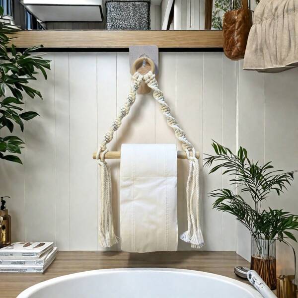 1pc Bohemian Handwoven Rope Toilet Paper & Towel Rack - Self-Adhesive Wall Bathroom Decor, Suitable For Living Room & Bedroom, High Quality Anti-Static Home Decoration, Bathroom Towel Holder