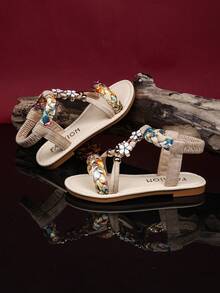 1 双加大码女童时尚凉鞋，彩色编织面料，闪亮水钻扣，花卉装饰，弹性踝带，圆头，防滑，轻质鞋底，可爱的罗马风格沙滩凉鞋，适合 3-15 岁学生，日常、派对、旅行、夏季