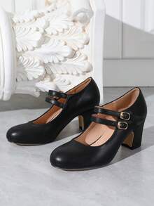 Autumn/Winter Wedding Casual Fashion High Heel Mary Jane T-Strap Shoes, Thick Heel Formal Dress Pumps, Velvet Surface Work Office Shoes, Outdoor Women High Heels (Please Check Foot Length, Palm Circumference Parameters Before Purchasing) - 黑色 - 查看 6