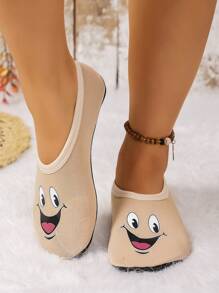 Women's Cute Face Design Indoor Slippers With Thin Thermal Lined, Breathable & High Elastic, Suitable For Home, Beach, Outdoor, Yoga