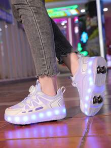 Zapatos de patines de ruedas para niños, zapatos de patinaje sobre ruedas para adolescentes, zapatos de patines de ruedas de cuero PU de doble rueda de 4 ruedas, zapatos con luces LED que se iluminan todo el año con carga USB, ruedas desmontables, patines de ruedas y patines de hielo 2 en 1