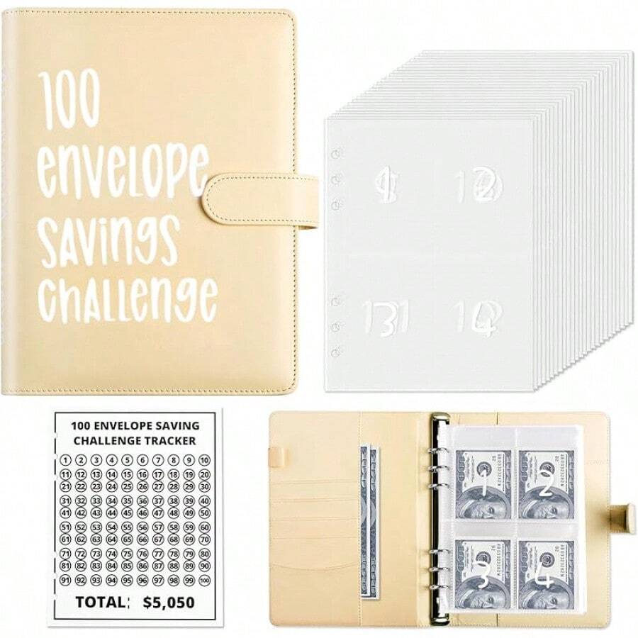 Money Saver Budget Binder Book With Pouches, Envelope Challenge Binder With Numbers, A5 Money Budget Envelopes Cash Saving $5,050 Pink2025 - Yellow - View 1