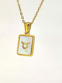 TONSI 1pc Stainless Steel Square Seashell Zodiac Pendant Necklace, Versatile Design Suitable For Women - Yellow Gold - View 7