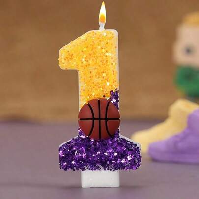 1 pieza Decoraciones de cumpleaños Baloncesto Brillo Púrpura Dorado Patchwork Lentejuelas Baloncesto, Regalo de fanático de la estrella del baloncesto número 24, Vela de cumpleaños con dígito hecha a mano creativa con soporte para pastel