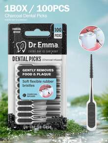 Dr. Emma 100Ct/Pack Dental Picks Charcoal Brush Picks 100Ct/Pack, Tooth Picks, Teeth Cleaning Tool - 黑與白 - 查看 10