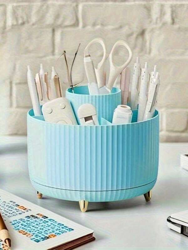 1pc Durable Desktop Organizer Box, 5 Compartments 360 Degree Rotating Turquoise & White, Sturdy Plastic Makeup Brush Holder For Cosmetics, Pens, Office Supplies, Bathroom Vanity - Easy Clean Material, Office Desk Accessory,School Supplies,Back To School