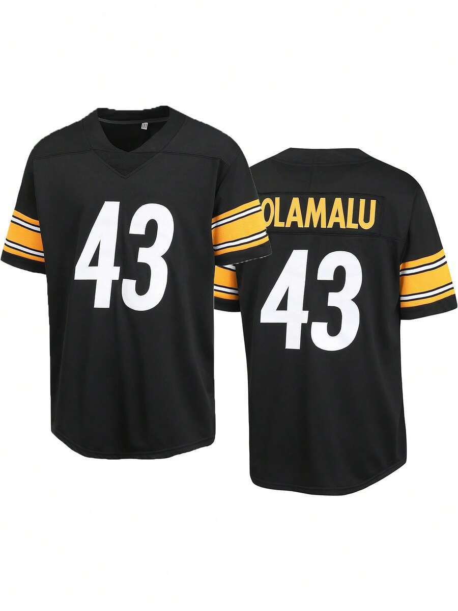 Atonmore 男式 43 号黑色美式橄榄球球衣休闲短袖刺绣缝线 V 领 T 恤派对橄榄球运动上衣