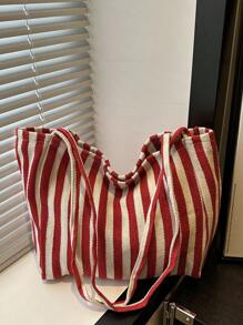 Chic Retro Striped Canvas Tote Bag, Large Capacity Spacious & Versatile, Ideal For Work, School Or Outdoor, Canvas Bag, Beach Bag [Stripe Color And Placement Random], School Supplies, School Bag, School Handbag, School Tote Bag, School Bookbag, Back To School Bags, Lightweight, Portable, Foldable, Classic Casual, Suitable For Teen Girls Women College Students, Perfect For Back To School, First Day Of School, Holiday, Vacation, Tote Bags For School,College Essentials