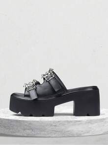 Womens Platform Sandals Round Open Toe Chunky Heel Goth Slipper Metallic Buckles Comfortable Slip On Breathable Home Beach Outdoor Casual Walking Easter Spring Summer Black Sandals For Women - 黑色 - 查看 4