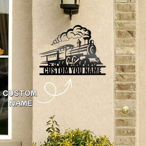 1PC Personalized Train Metal Sign, Custom Name Steam Locomotive Design Wall Art For Room Decor, Railroad Enthusiast Gift, Durable Metal Plaque With Smoke Detailing, Train Decor, Cutout Metal Work, 2D Flat, Perfect For Kids Boys Girls Classroom Decor School Supplies,Back To School