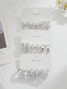 3 Pairs/9 Pairs Thick Silver-Tone Earring Set For Women, Low Allergy Chunky Earrings - Silver - View 6