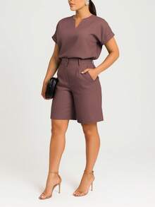 Women's Linen Set - Basic Blouse With Small V Neckline And Tailored Cycling Shorts | Elegance And Comfort - Rust Brown - View 1
