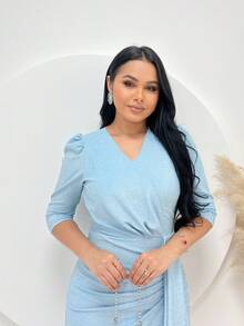 Women's Lurex Party Midi Dress 3/4 Sleeve V Neckline - Baby Blue - View 2
