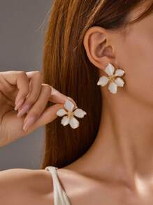 2 Pcs Fashion Needle Drop Glaze Pink Red Flower Earrings Claret Flower Stud Earrings Ladies Daily Wear Accessories