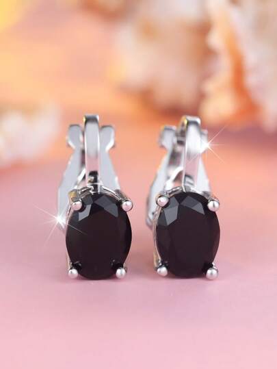 1 Par de Brincos Elegantes Ovais para Mulheres em Zircônia Cúbica Preta Sintética Revestida a Ouro Branco - Jóia de Luxo para Casamento, Festa e Uso Diário - Acessório Durável e Brilhante