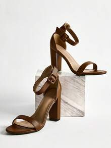 女士时尚新款舒适晚宴度假裸带方扣粗跟罗马凉鞋圣诞节冬季圣诞礼物 - 棕色 - 查看 2