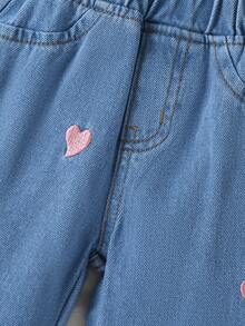 1件可愛女嬰精緻刺繡愛心舒適百搭牛仔長褲 春夏季 - 淺色水洗藍 - 查看 5