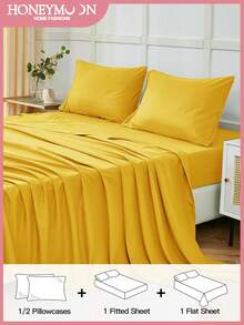 Bộ chăn ga gối 3/4 món màu trơn, mềm mại, thoải mái, thoáng khí, chất lượng khách sạn cao cấp dành cho mùa hè, có các kích cỡ đơn, đôi, queen, king, bao gồm 1 hoặc 2 vỏ gối, 1 ga trải giường và 1 ga bọc nệm, phù hợp để trang trí phòng và làm quà tặng lý tưởng, thích hợp cho gia đình và ký túc xá, màu vàng, đạt chứng nhận Oeko-Tex. - Màu Mù tạt vàng - Xem 2