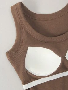 Áo ba lỗ đệm dệt kim gân cho nữ, kiểu dáng dài ôm sát, thiết kế tối giản thời trang, thoáng khí, áo ba lỗ dây rộng, có thể mặc riêng hoặc mặc như áo lót, tập luyện - màu nâu - Xem 7