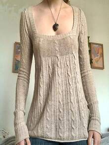 Womens Y2k Knit Sweater Square Neck Knitted Tops Balletcore Fairy Grunge Harajuku Preppy Solid Pullover Top Vintage Sweet Girl Long Sleeve Shirt Slim Sweater Spring Fall Casual Knitwear - 杏色 - 查看 1