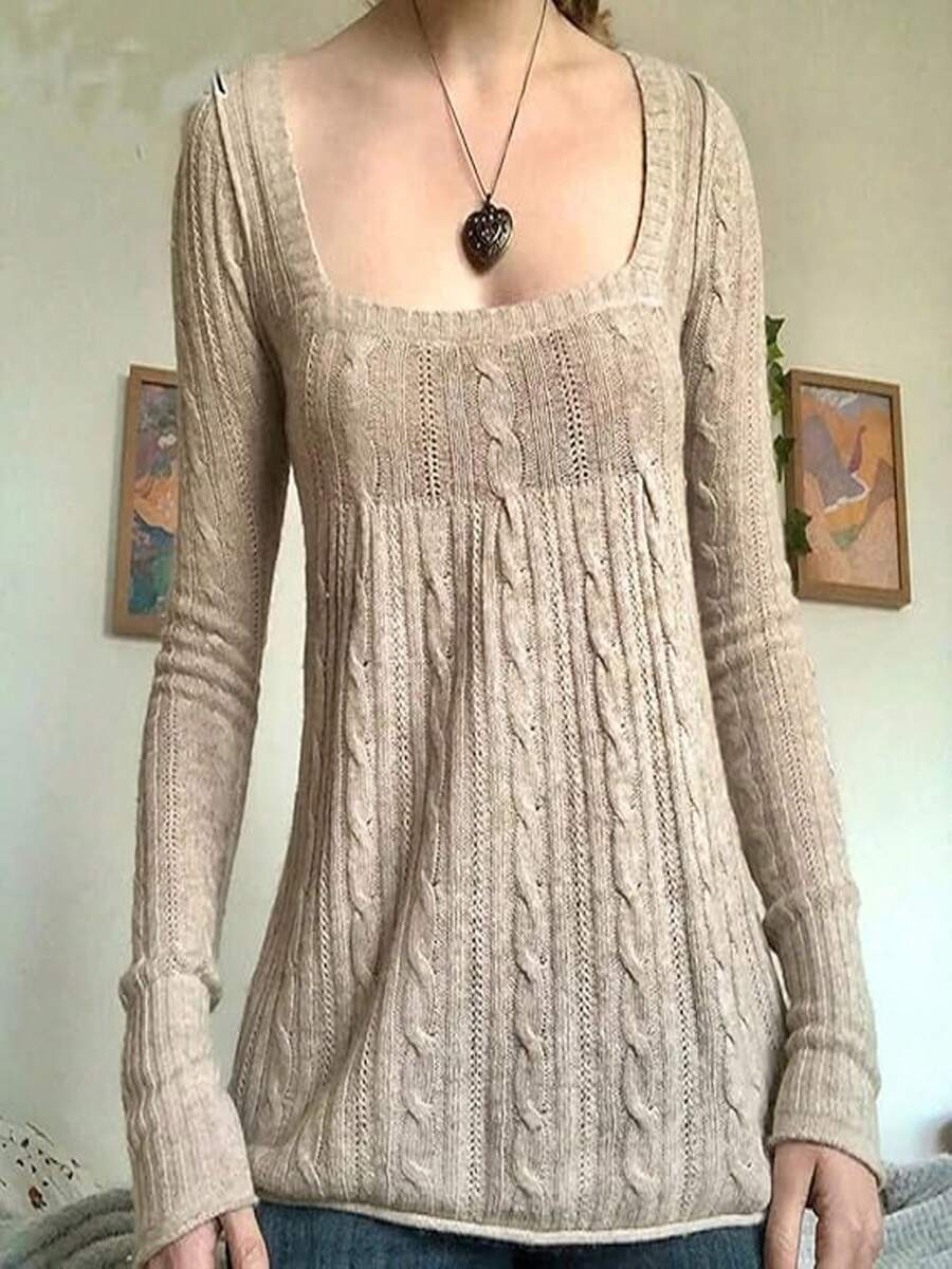 Womens Y2k Knit Sweater Square Neck Knitted Tops Balletcore Fairy Grunge Harajuku Preppy Solid Pullover Top Vintage Sweet Girl Long Sleeve Shirt Slim Sweater Spring Fall Casual Knitwear - 杏色 - 查看 1